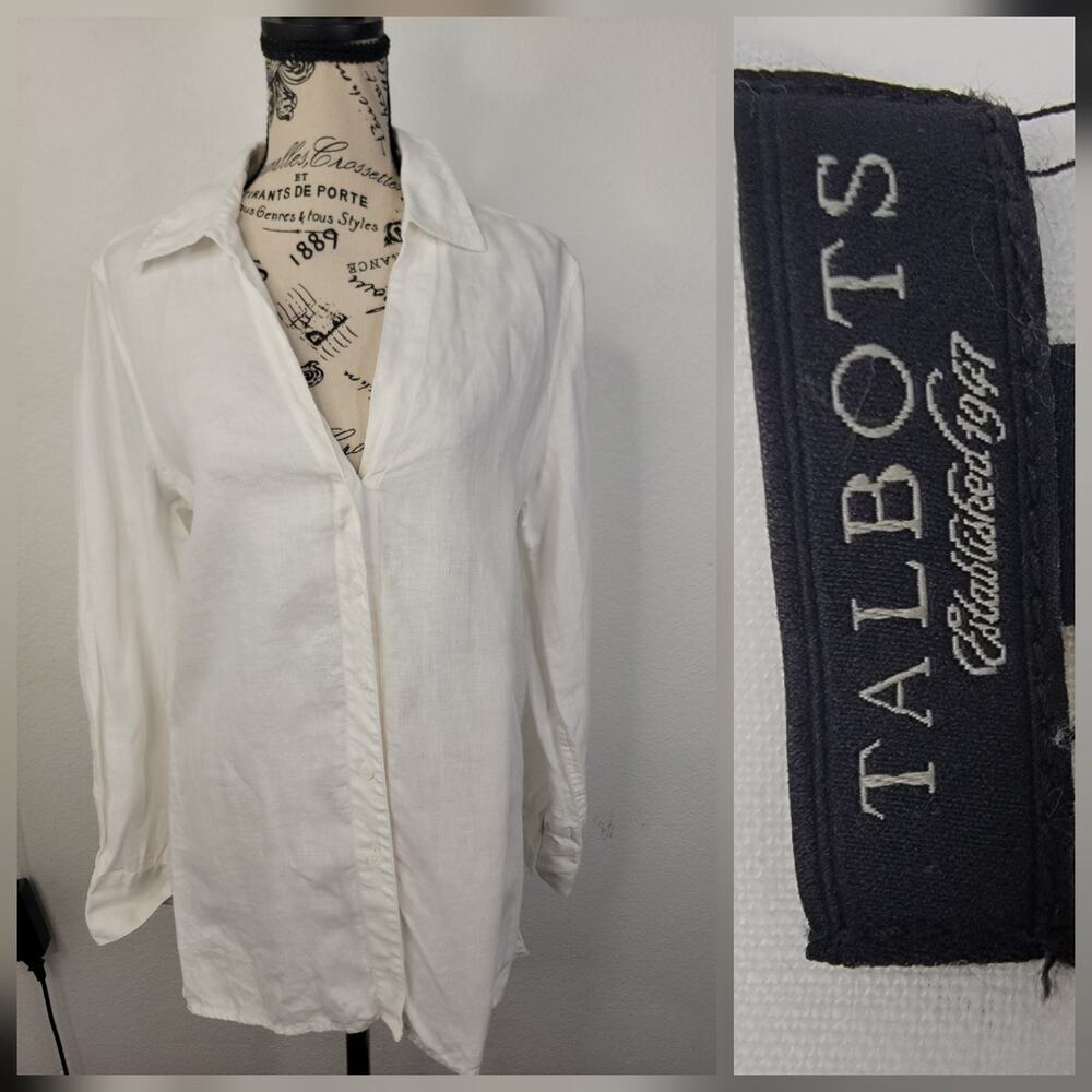 Talbots Tunic Top 12 Womens 100% Irish Linen Button Up Lagenlook Coastal White